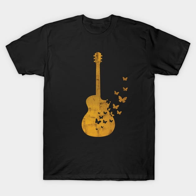 Acoustic Guitar Silhouette Turning Into Butterflies Gold T-Shirt by nightsworthy